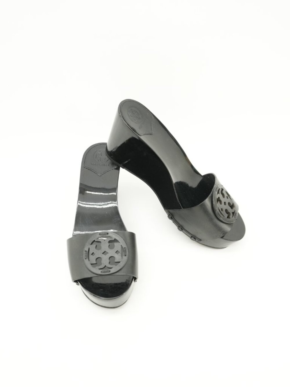 TORY BURCH Leather Wedges Black Patty Slides Clogs Size 7.5 - Picture 8 of 15